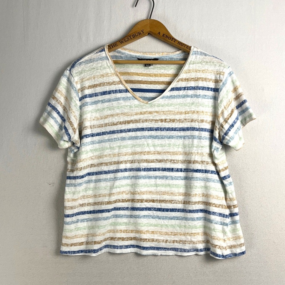 Charlie B Womens XL Striped V-Neck Short Sleeve 100% Linen Tee Shirt C1231S-308B